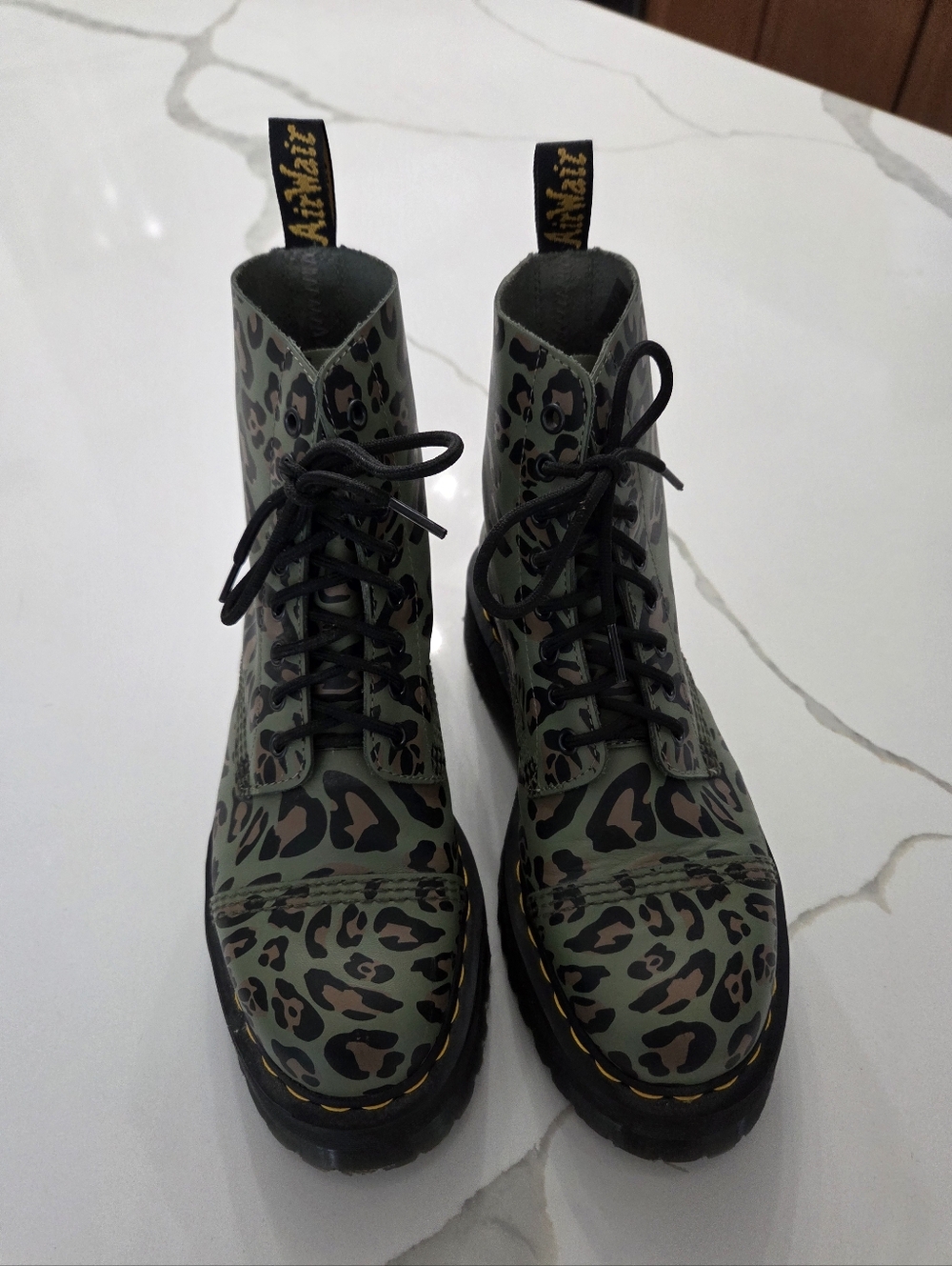 Dr. Martens Olive and Black Leopard Print Platform Combat Boots - Picture 2 of 7